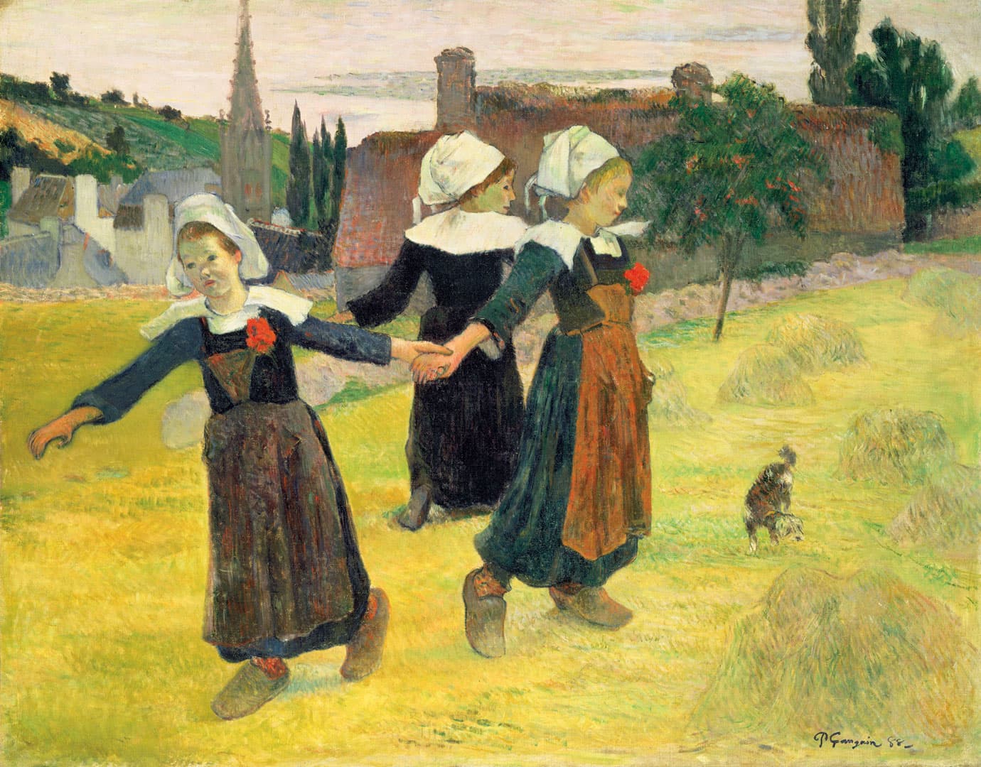 painting of three girls and puppy dancing in hay