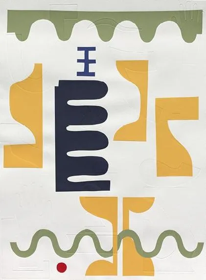 Print with green and yellow geometric shapes on a white background as well as a central black geometric shape, and one blue one and a red dot.