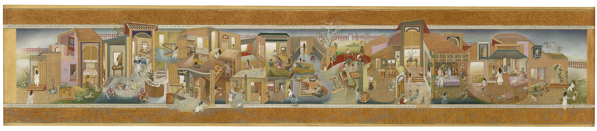 A scroll depict people doing things around a home.
