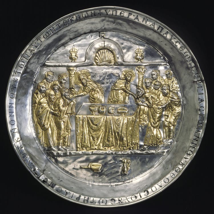Paten with the Communion of the Apostles 565–78. Byzantium, early Byzantine period  (c. 300–726). Silver, gilding, and niello; overall: 35 x 35 x 3.2 cm. On loan from the Dumbarton Oaks Collection, BZ.1924.5