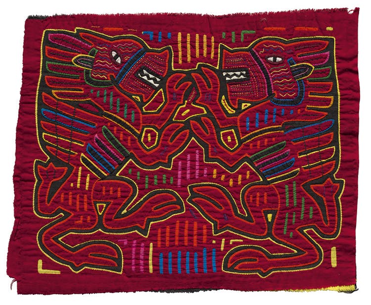 Rampant Lions Mola Panel c. 1950–70. Republic of Panamá, Gunayala  Comarca, Guna people, Gardi Coiba community. Cotton; reverse appliqué, appliqué, embroidery; 37.5 x 46 cm. The Cleveland Museum of Art, Gift of Dr. and Mrs. F. Louis Hoover, 1971.197