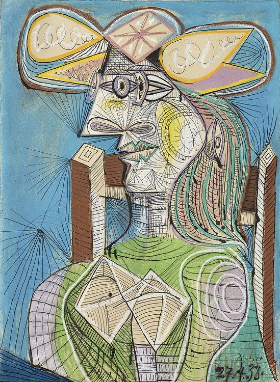 Seated Woman (Dora) 1938. Pablo Picasso (Spanish, 1881–1973). Pen, ink, gouache, colored chalk on paper; 76.5 x 56 cm. Fondation Beyeler, Riehen / Basel, Beyeler Collection, Inv. 72.5. Photo: Peter Schibli. © 2019 Estate of Pablo Picasso / Artists Rights 