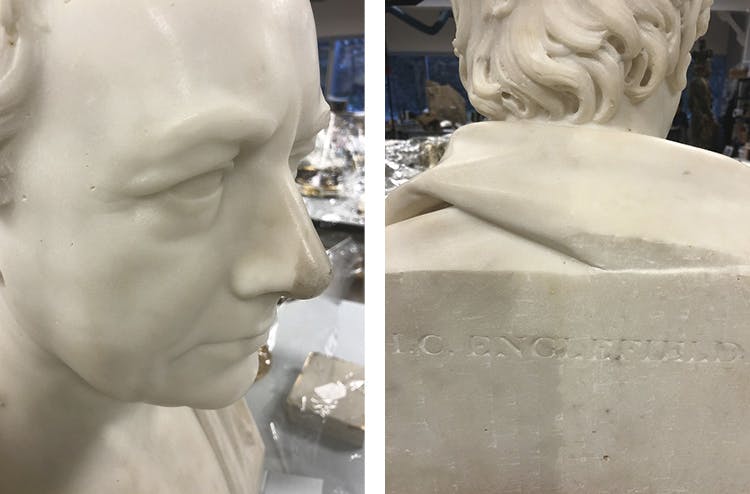 Grime Zapper The laser makes (relatively) quick work of cleaning this marble bust by Francis Legatt Chantrey. At right are two views showing the cleaning in progress, with the face cleaned except for the tip of the nose, and the inscribed back halfway com