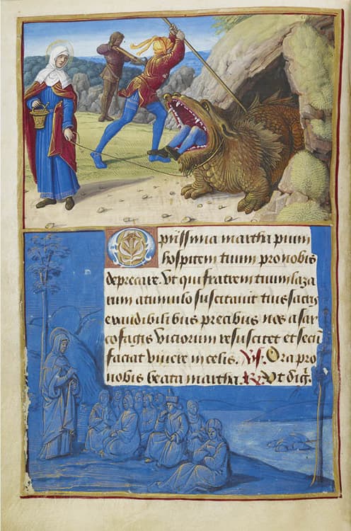 Saint Martha Taming the Tarasque from the Hours of Henry VIII, c. 1500. Illuminated by Jean Poyer (French, active 1465–1503). The Morgan Library & Museum, New York, Gift of the Heineman Foundation, 1977, MS H.8 (fol. 191v) Saint Margaret in Prison with t