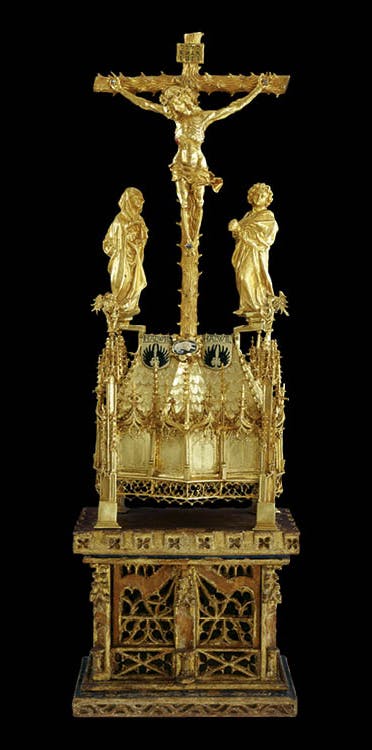 Hallwyl Reliquary before 1470; base, 1470. France, Strasbourg. Base by Mathias Frischmut. Crucifixion group: raised, cast, engraved, punched, and chased gold, with diamonds and a ruby; shrine: raised, cast, engraved, cut, and gilded silver, with opaque ch