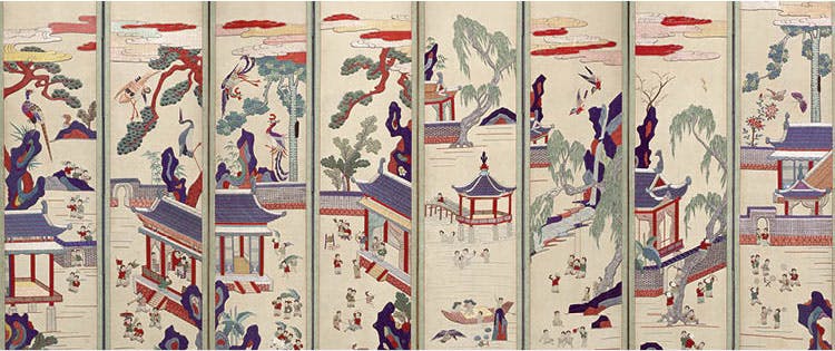 One Hundred Children at Play (detail), early 1900s. Korea, Joseon dynasty (1392–1910). Ten-panel folding screen; embroidery on silk. Seoul Museum of Craft Art, 2018-D-Huh-0001