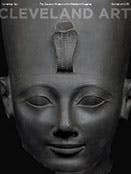 COVER an ancient egyptian green siltstone sculpture, the head of Pharaoh Tuthmosis III, a centennial loan from the british museum