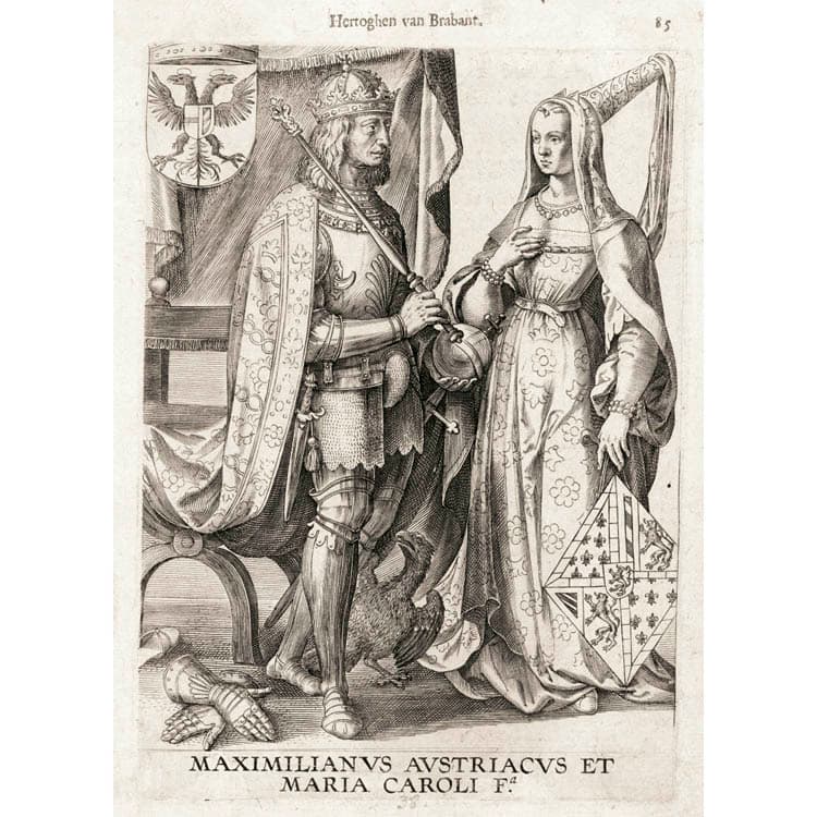 Maximilian of Austria and Mary of Burgundy, 1606. From the Chroniicke van de hertoghen van Brabant. Engraving, 5.8 x 8 in.