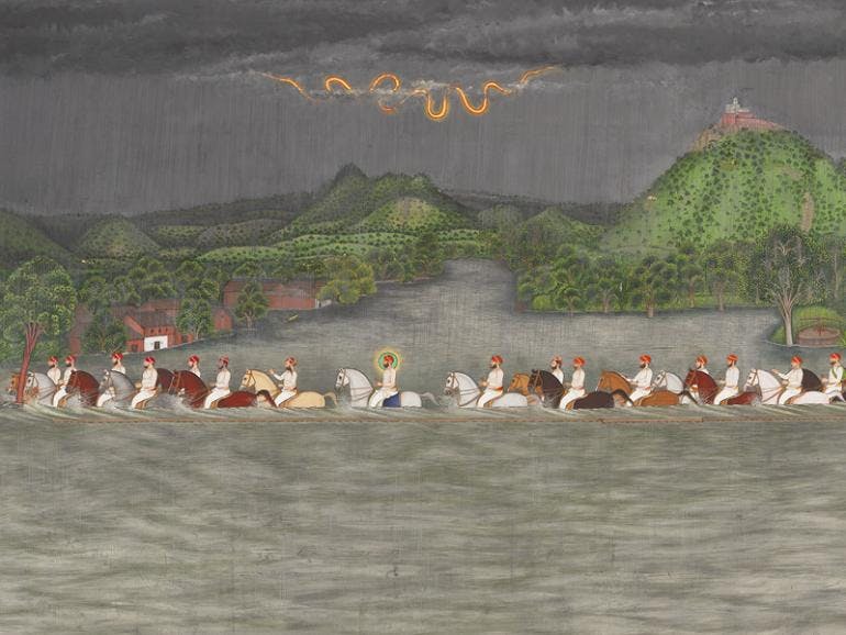 Painting of Maharana Fateh Singh and others crossing a river on horseback