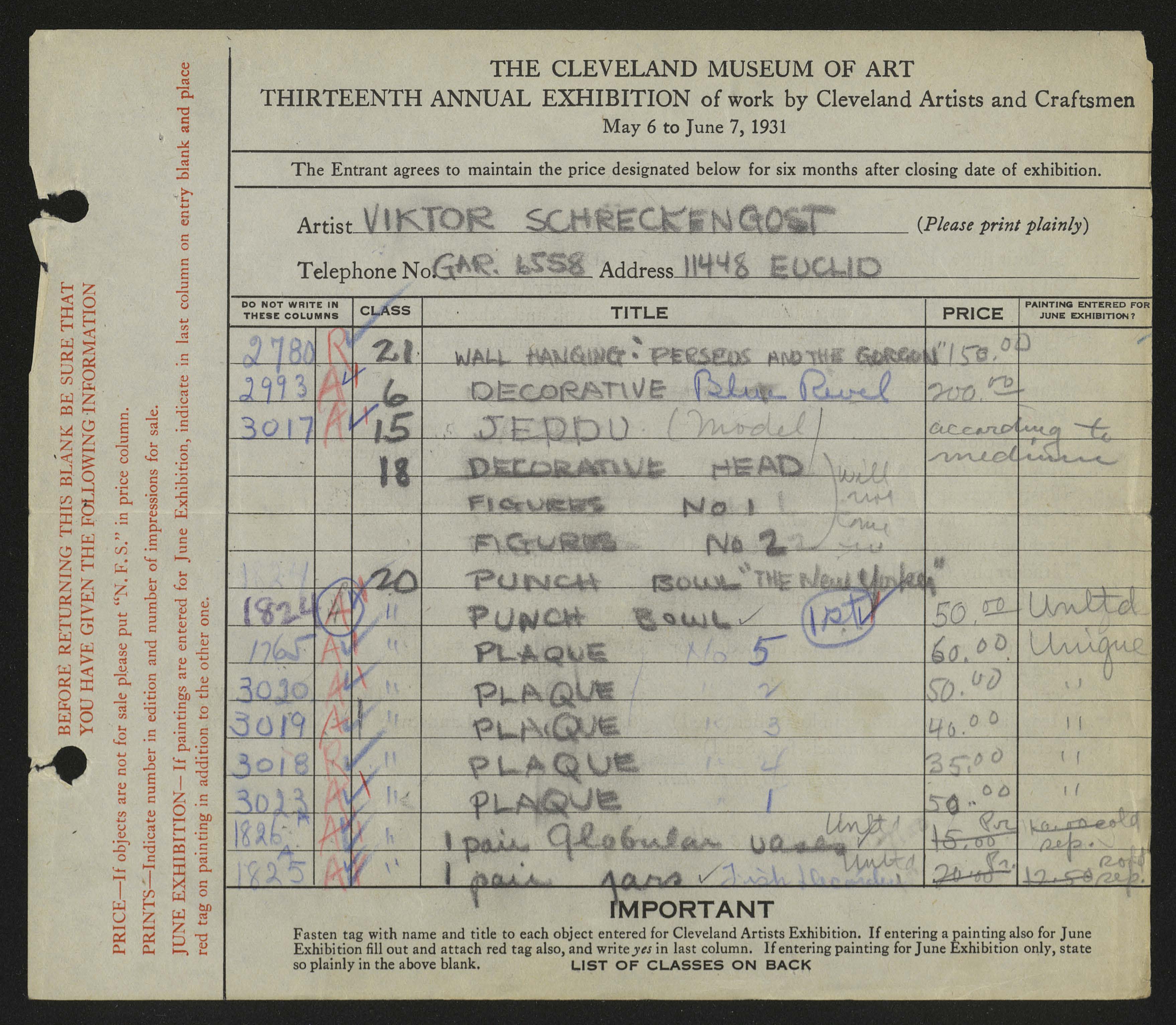 Viktor Schreckengost's May Show entry card from 1931