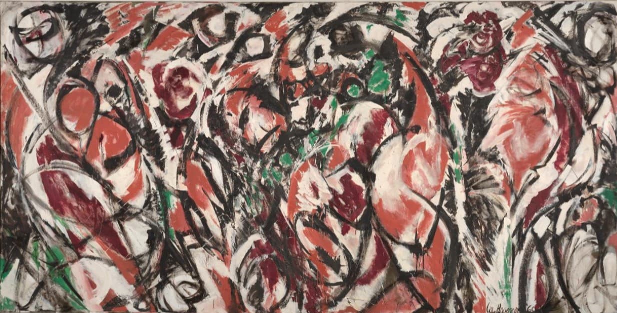 An abstract painting of red, green, brown, and white