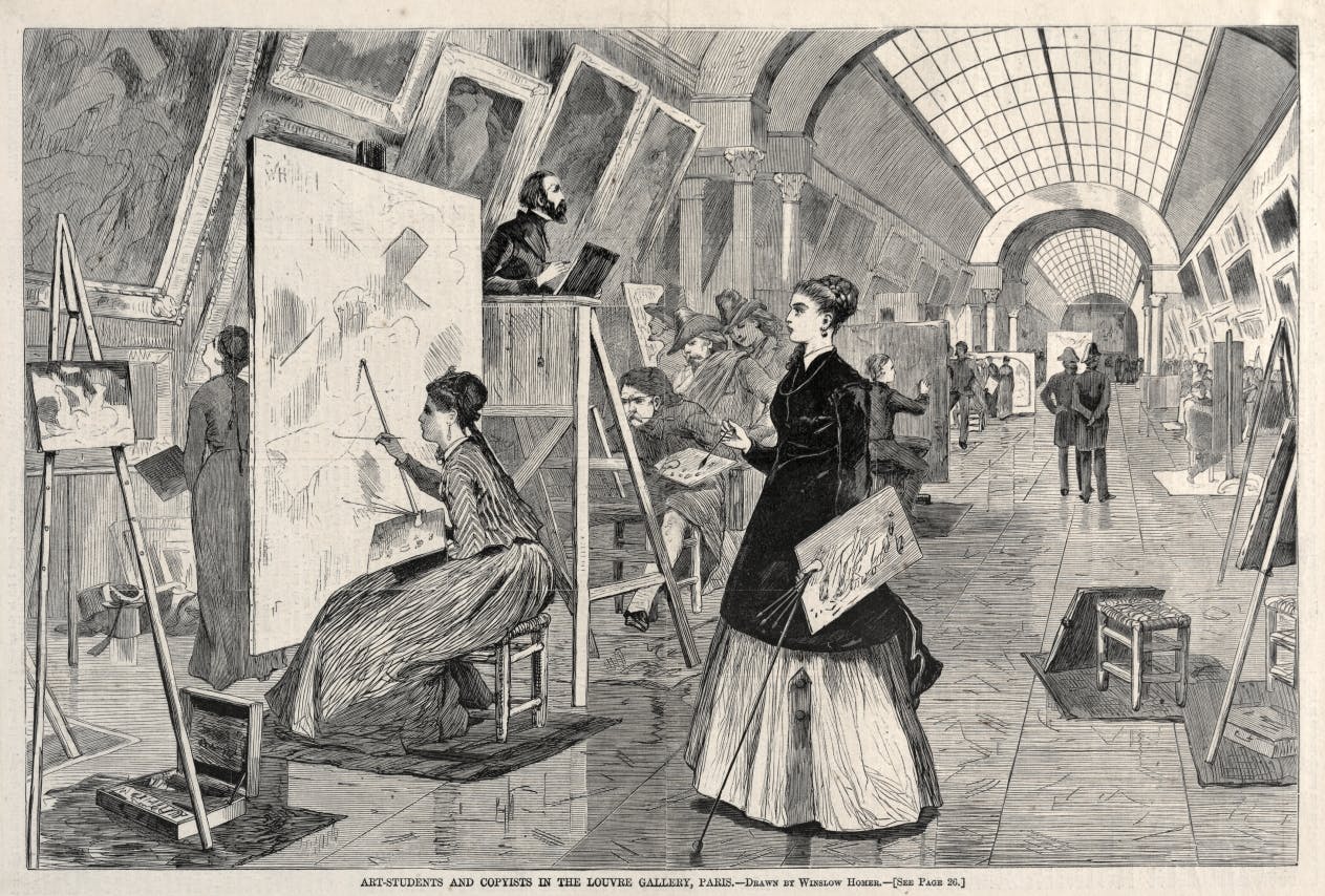 Drawing of students copying art at the Louvre