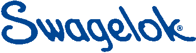 Swagelok logo leans dramatically to the left with bold blue letters --as if written with a marker