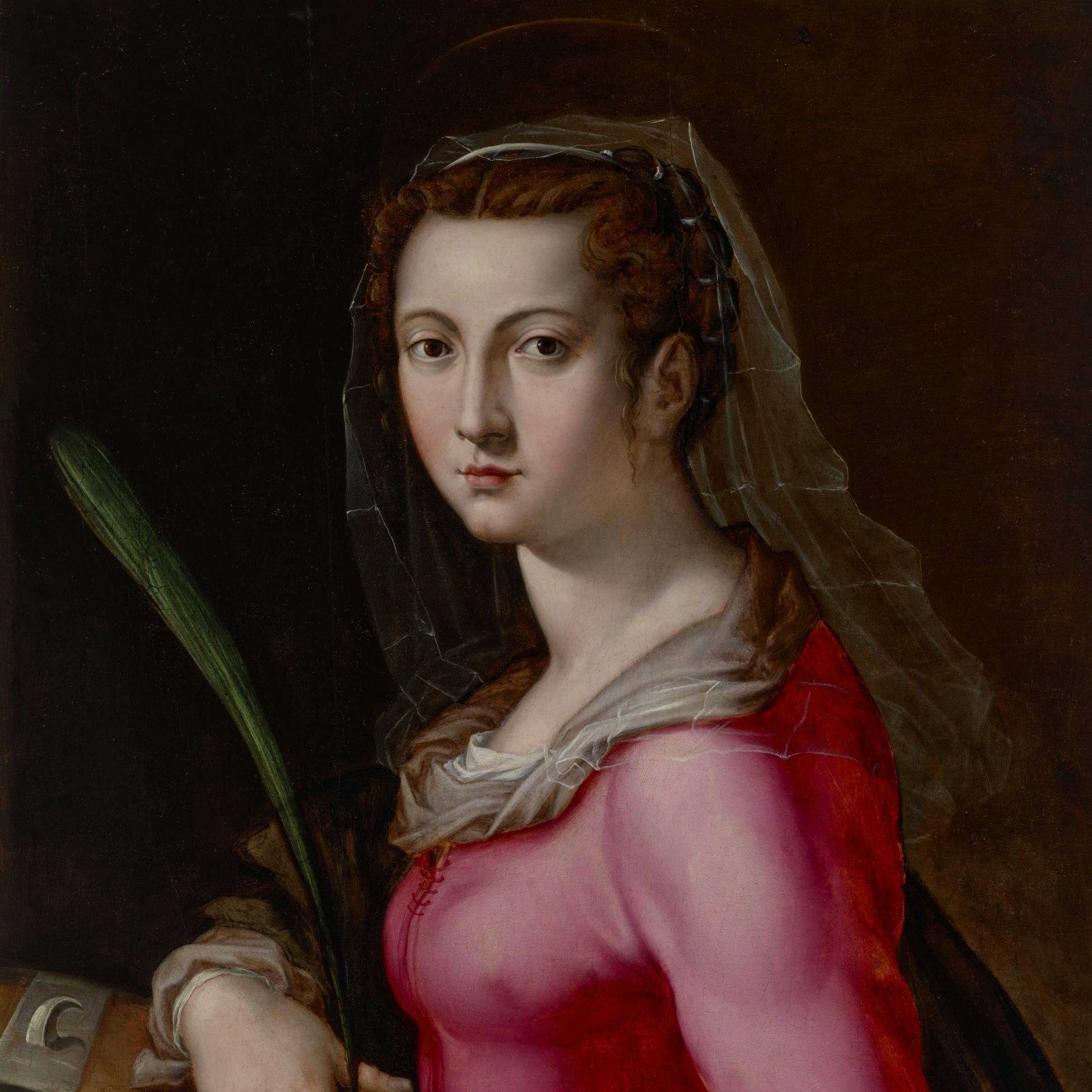 a woman in a pink dress with a veil holds narrow green palm leaf
