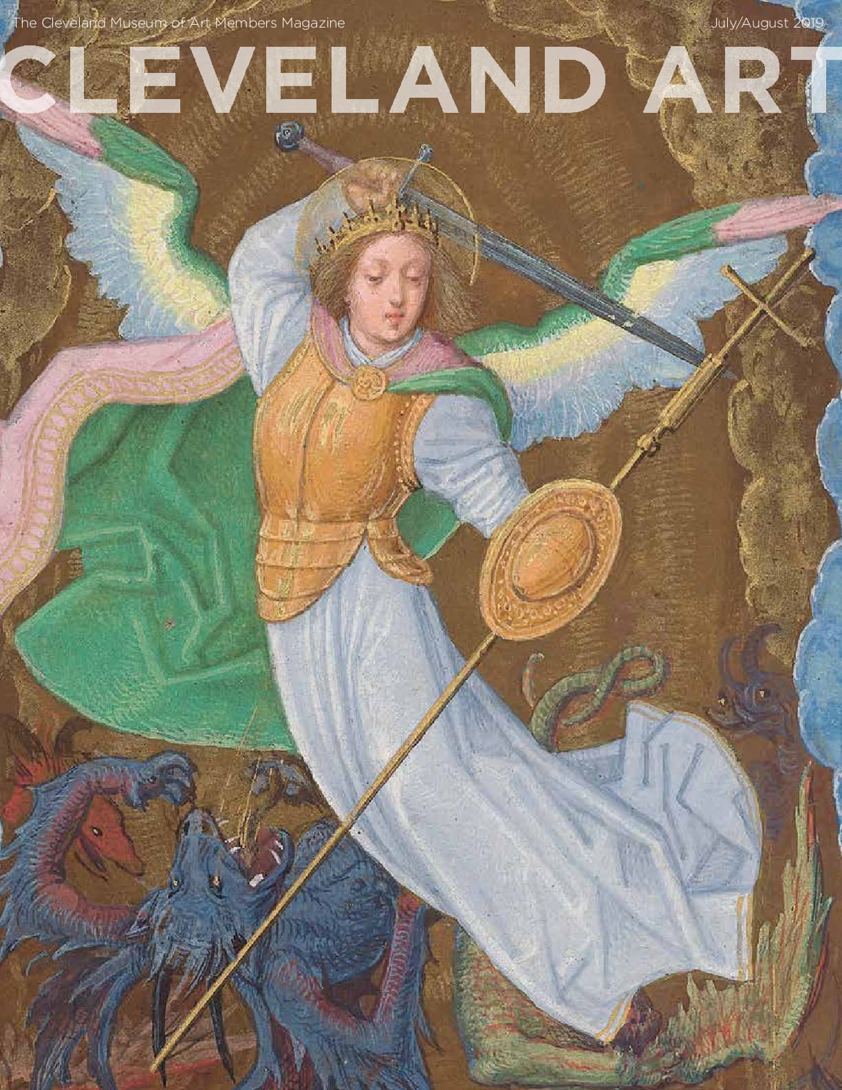 Cleveland Art magazine cover, an angel with a sword slaying a devil like creature