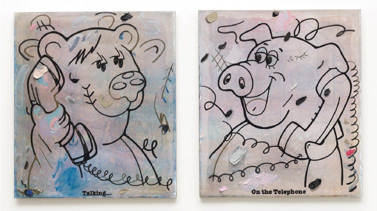 Image two pigs talking on old telephones surrounded by squiggle marks