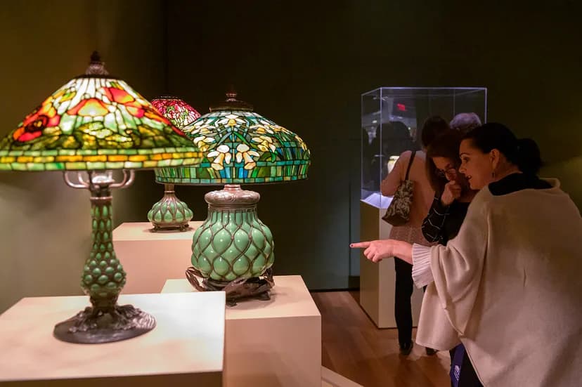 Installation image of visitors looking at Tiffany stained glass lamps.