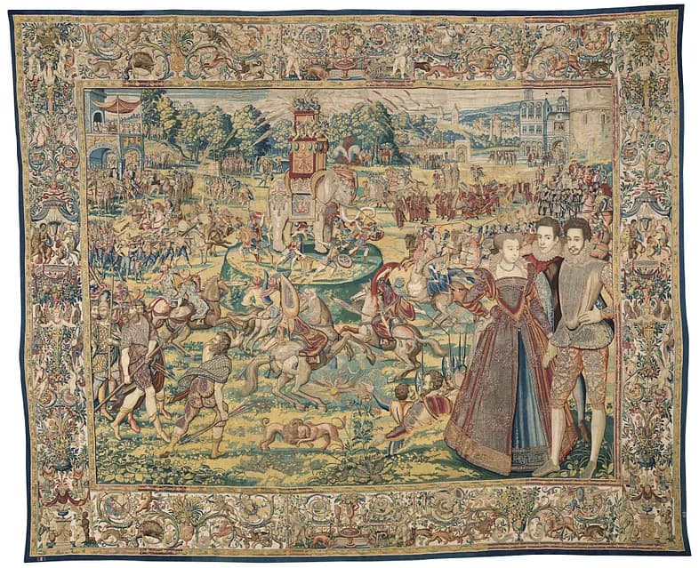 Tapestry in muted creams, greens, reds, and blues with an elephant in the center surrounded by battling people and three people standing in the lower right corner, facing us.