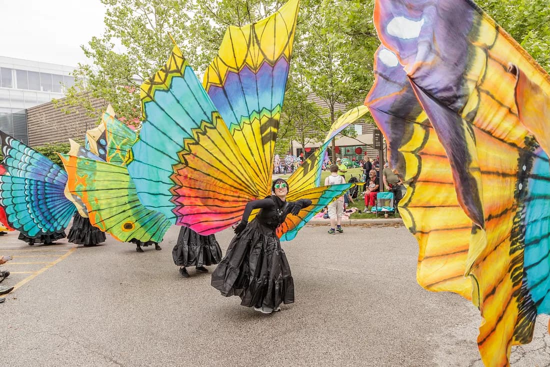 People walking in Parade the Circle wearing black dresses and vibrant butterfly wing-like structures.