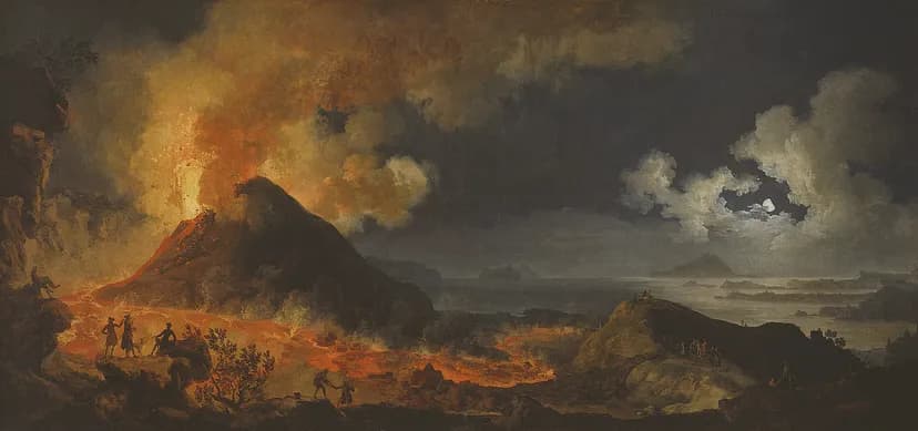 Oil painting of a nightime scene with a volcano erupting in orange lava on the left, people looking on from the edges, and a cloudy, blue-grey night sky with a moon on the right.