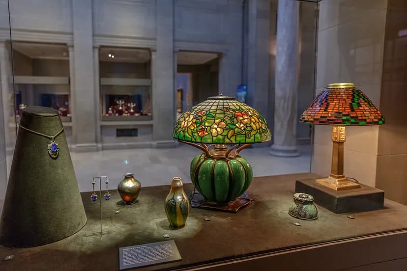 Exhibition image of two Tiffany lamps as well as jewelry and other vessels.