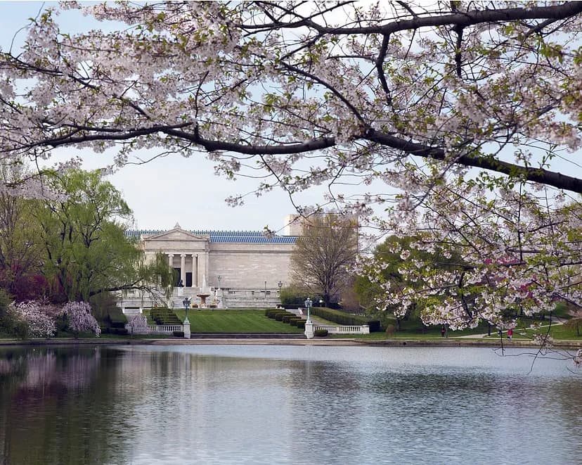 Exterior of the Cleveland Museum of Art overlooking water and with cherry blossoms arcing over.