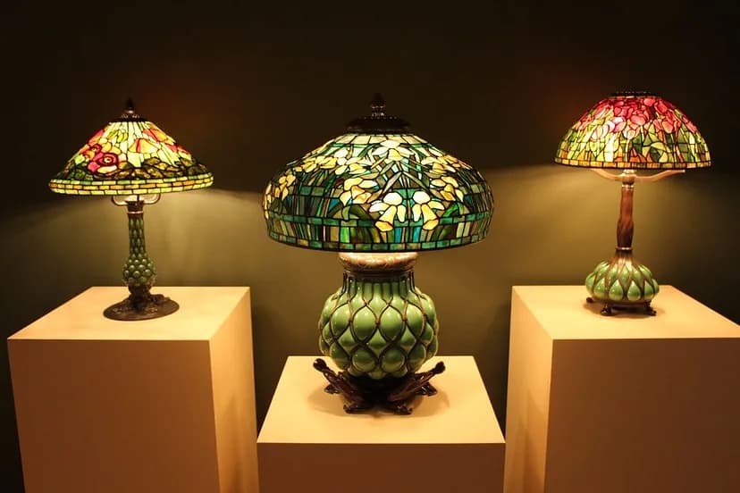 Three stained glass Tiffany lamps, lights on and on display.