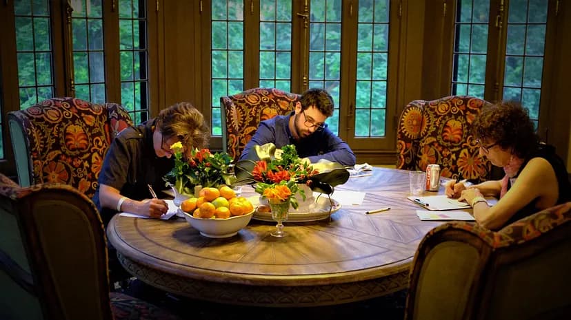Three people sitting around a table, writing on sheets of paper.