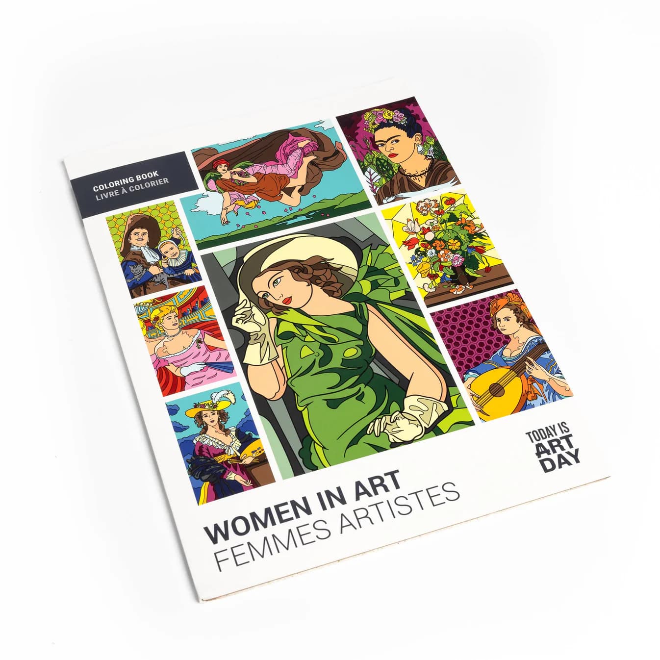 The cover of a book titled "women in Art. Femmes Artistes" depicting various color pages of women in art.