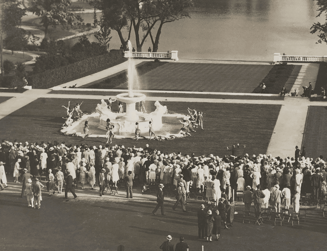 people around a fountain