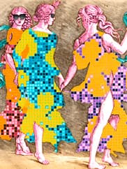 Three pink stylized women walk as they hold hands, with their gowns replaced by colorful abstract pixels.