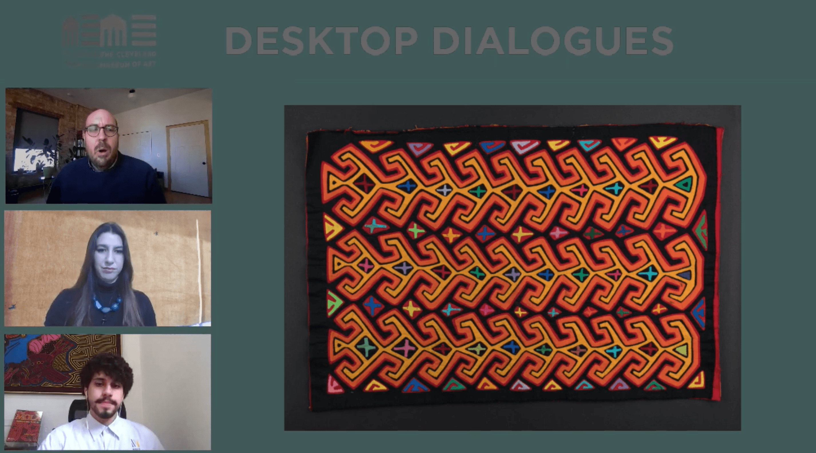 A virtual zoom event with three presenters on the left-hand side of the screen and a colorful textile fills up a quarter of the screen.