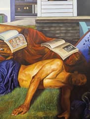 A painting depicts a shirtless person with medium skin tone asleep on grass with a blanket and two open books behind them.
