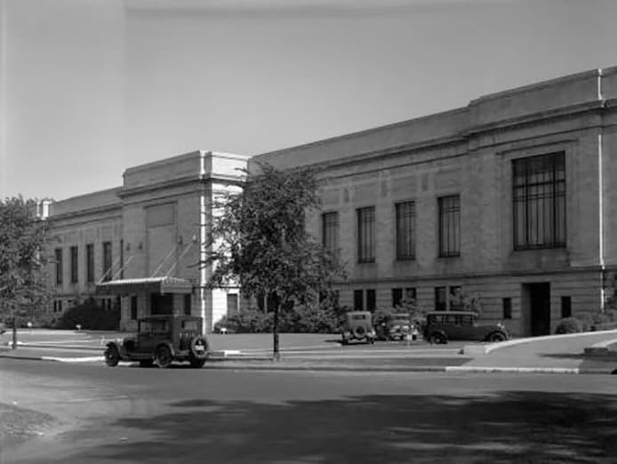 black and white photo of museum