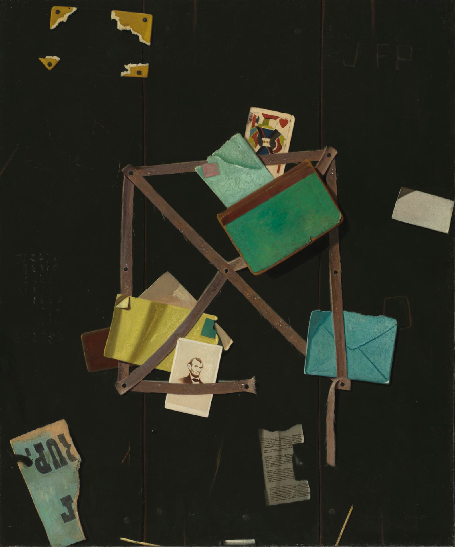 John F. Peto's oil painting, Card Rack with a Jack of Hearts, depicts scraps of paper including a playing card and photograph pinned to a card rack.
