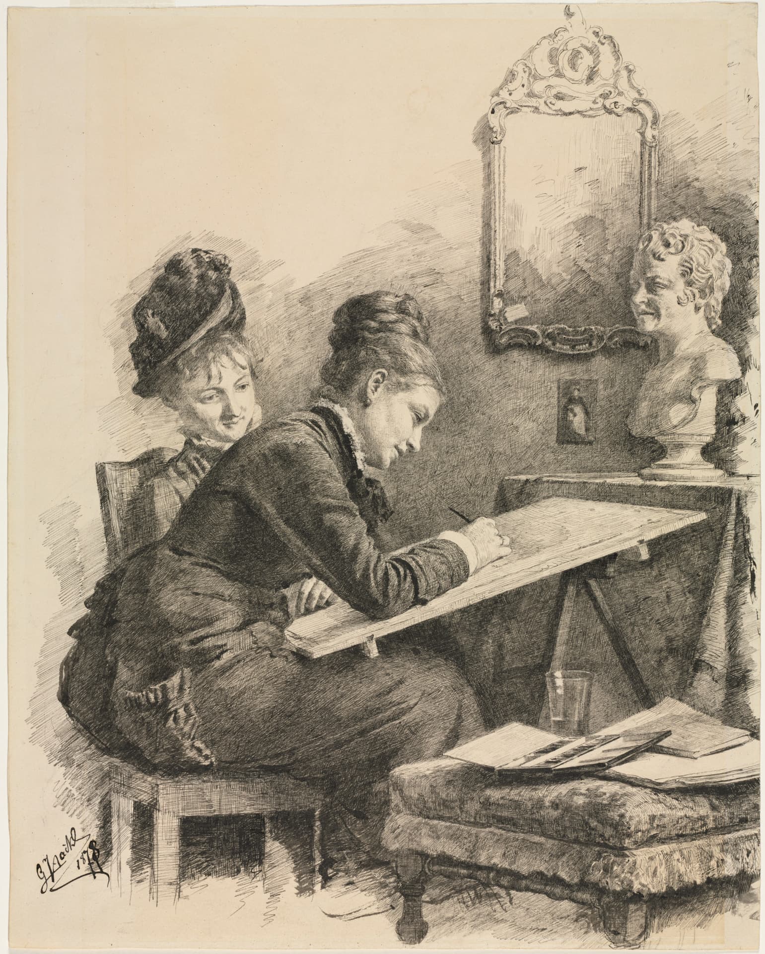 A print depicts a woman sketching while another looks over her shoulder.