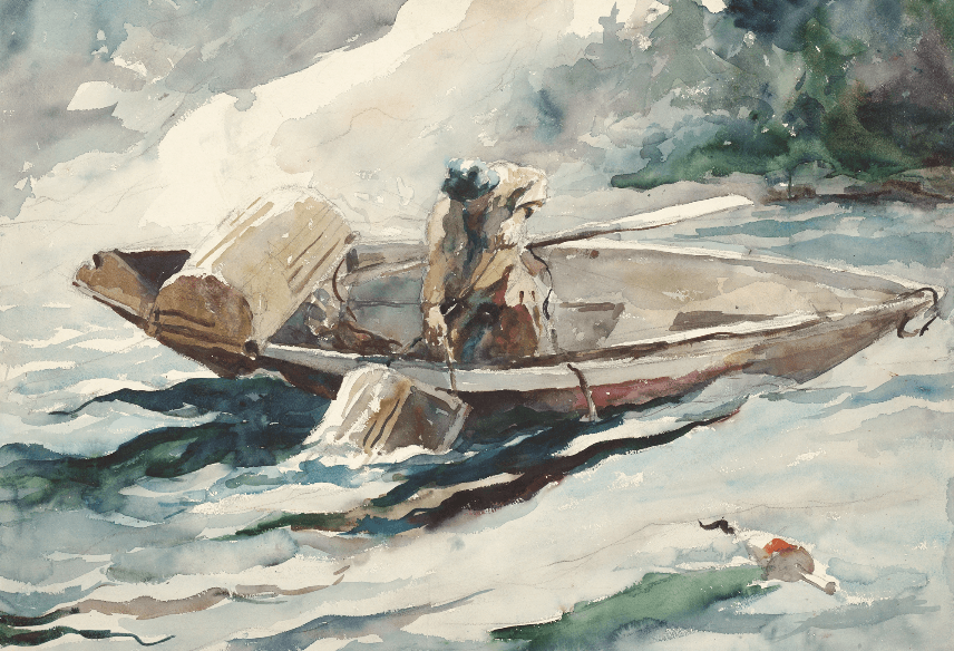 Watercolor painting of a fisherman in a small, simple boat hauling a crab trap up from the water.