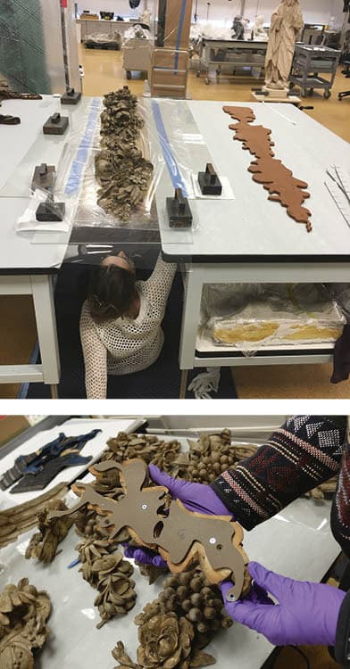 Clockwise from right Mary Wilcop makes templates for the mounts; Karen Bishop creates a 1:1 template of the underside of the object for the new mount (pictured to the right on the table is the old, orange plywood mount); Beth Edelstein shows how mounts af