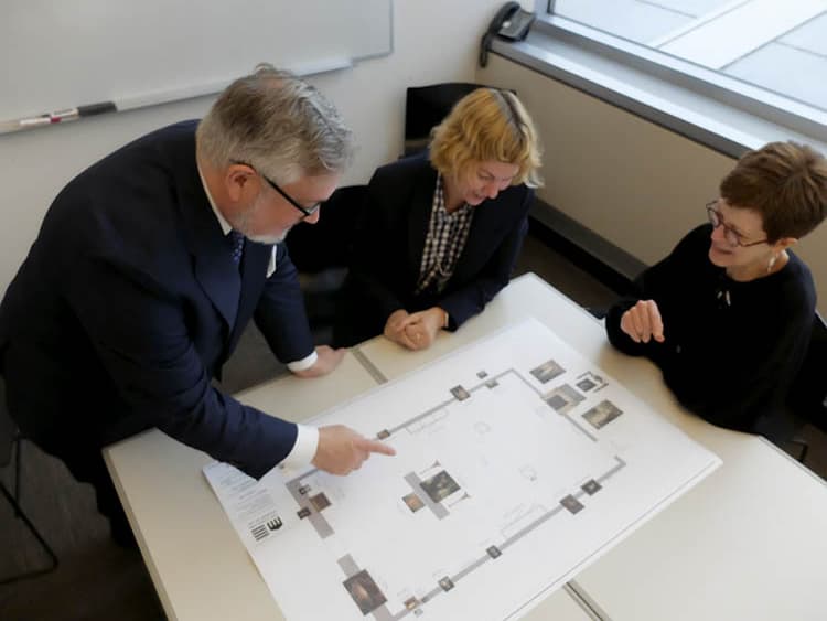Virtually Installed From left: Harrison, Korkow, and Wieseman peruse a gallery plan for the reinstalled British galleries this past September.