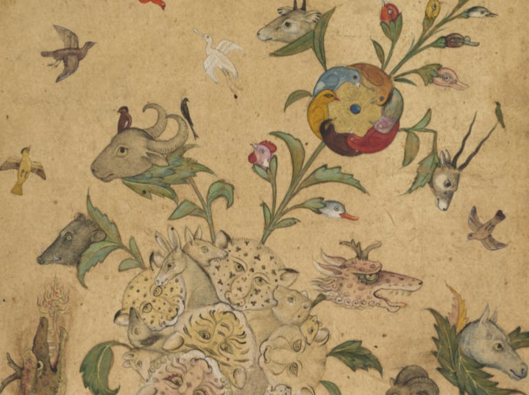 A detail of a painting with animal heads growing on plants like flowers