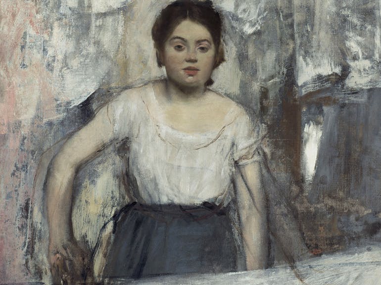 Detailed closeup of a painting of a woman ironing