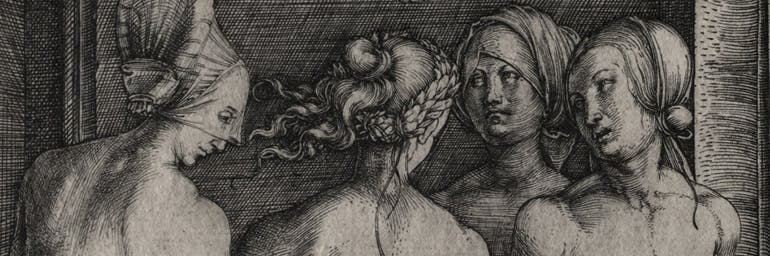 Four Naked Women (detail), 1497. Albrecht Dürer (German, 1471–1528). Engraving; 19-1/4 x 15-1/4 in. Gift of Howard E. Wise in memory of his parents, Samuel D. and May W. Wise by exchange 1990.85