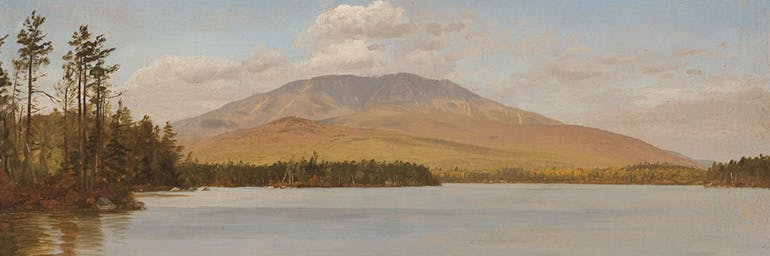 Mount Katahdin from Upper Togue Lake (detail), c. 1877–78. Frederic Edwin Church (American, 1826–1900). Oil on academy board; 21.6 x 50.8 cm. Olana State Historic Site, Hudson, NY, Office of Parks, Recreation and Historic Preservation OL.1981.70.