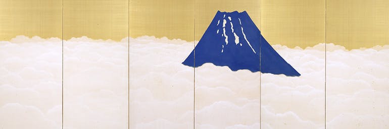 Mount Fuji Rising above Clouds (detail), c. 1913. Yokoyama Taikan (Japanese, 1868–1958). Pair of six-fold screens, color on gold-leafed silk; 187.2 × 416.3 cm. Tokyo National Museum (A-10533)