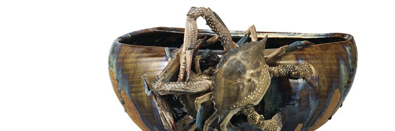 Footed Bowl with Applied Crabs and Brown Glaze (detail), 1881 (Meiji 14). Miyagawa Ko ̄zan I (1842–1916). Ceramic; H. 37 cm, diam. 19.6 cm (mouth) and 17.1 cm (bottom). Tokyo National Museum, G-105. Important Cultural Property