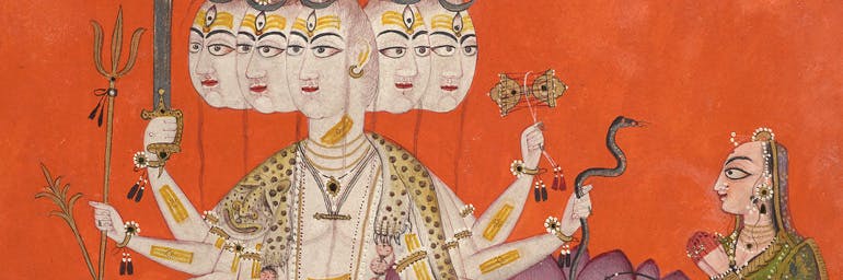 Sadashiva (detail), c. 1670. Attributed to Devidasa. Northern India, Himachal Pradesh, Nurpur. Opaque watercolor and applied beetle wing on paper; 19.1 x 18.4 cm. Catherine and Ralph Benkaim Collection