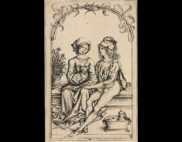 The Lovers (after the Master of the Housebook or Master of Amsterdam Cabinet), c. 1490. Wenzel von Olmütz (Bohemian). Engraving; 16.9 x 11.30 cm. The Cleveland Museum of Art, Purchase from the J. H. Wade Fund 2010.262