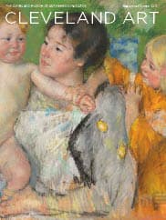 A colorful pastel by Mary Cassatt of a mother in a smock, holding a toddler, with a child to her right. Titled After the Bath on the magazine cover